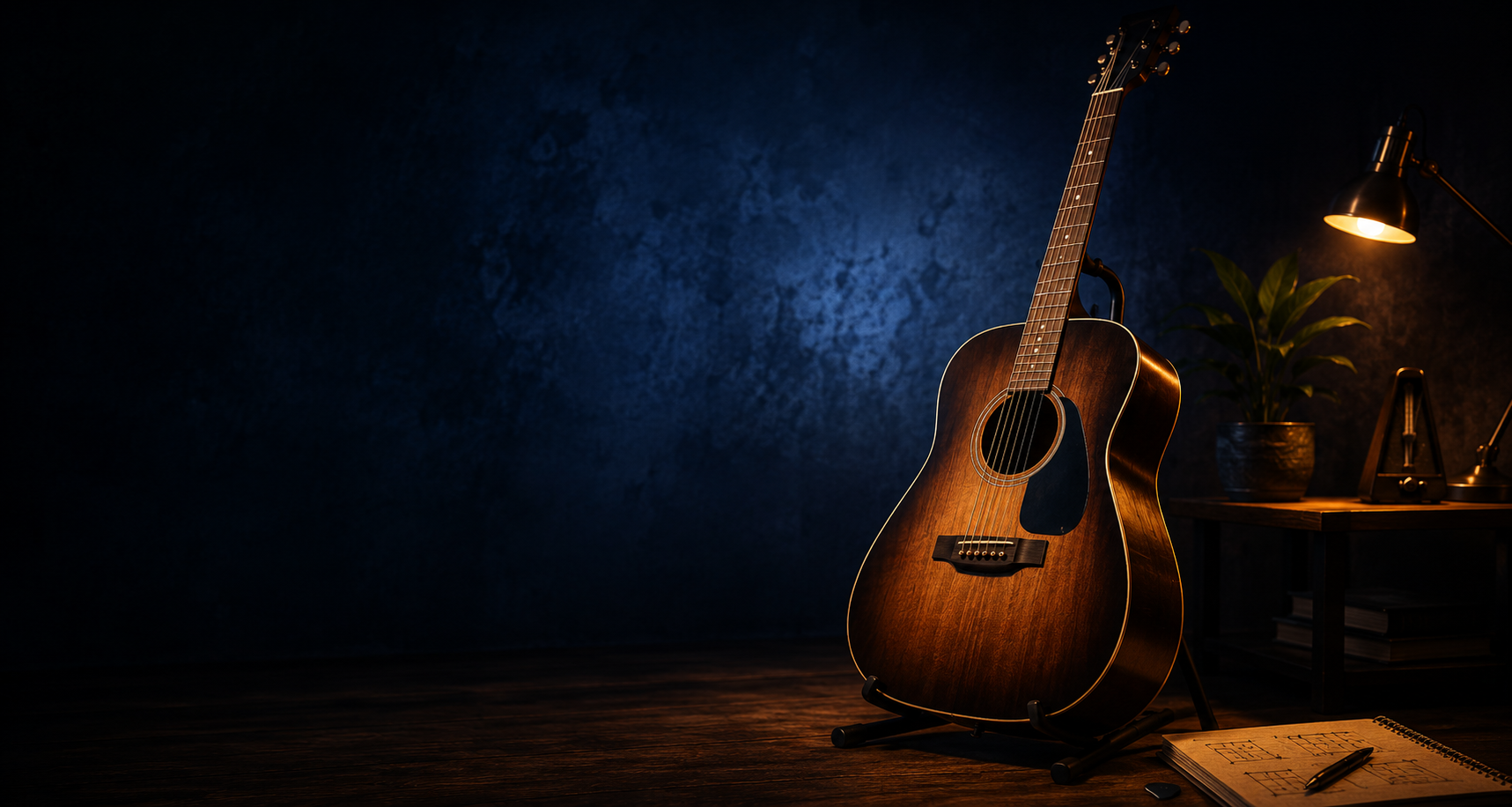 Beautiful acoustic guitar leaning against a stand in dramatic blue and gold studio lighting